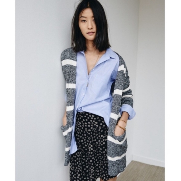Madewell Gray & White Charlie Cotton Striped Pocket Cardigan Sweater. Size M - Picture 3 of 9